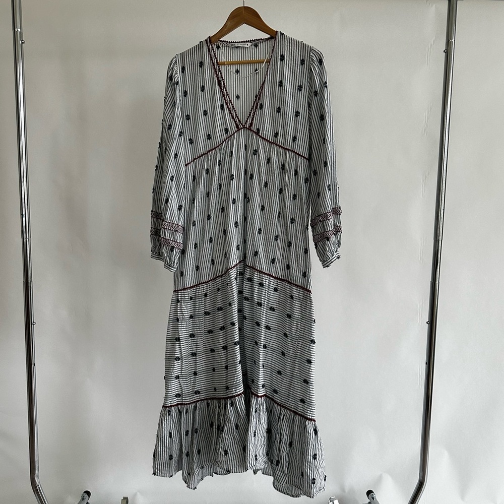 Zara Striped Tiered Embroidered Peasant Midi Dress